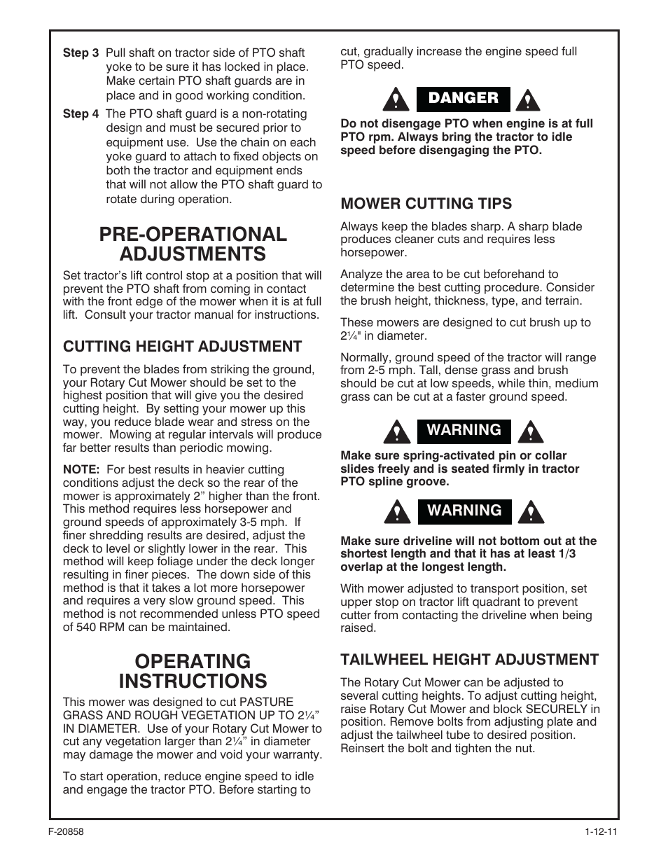 Pre-operational adjustments, Operating instructions | Behlen 80110060YEL User Manual | Page 10 / 15