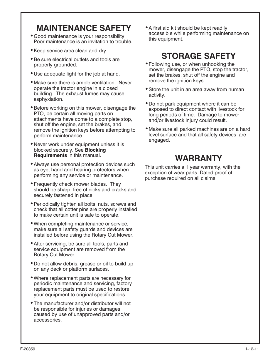 Maintenance safety, Storage safety, Warranty | Behlen 80110060YEL User Manual | Page 11 / 15