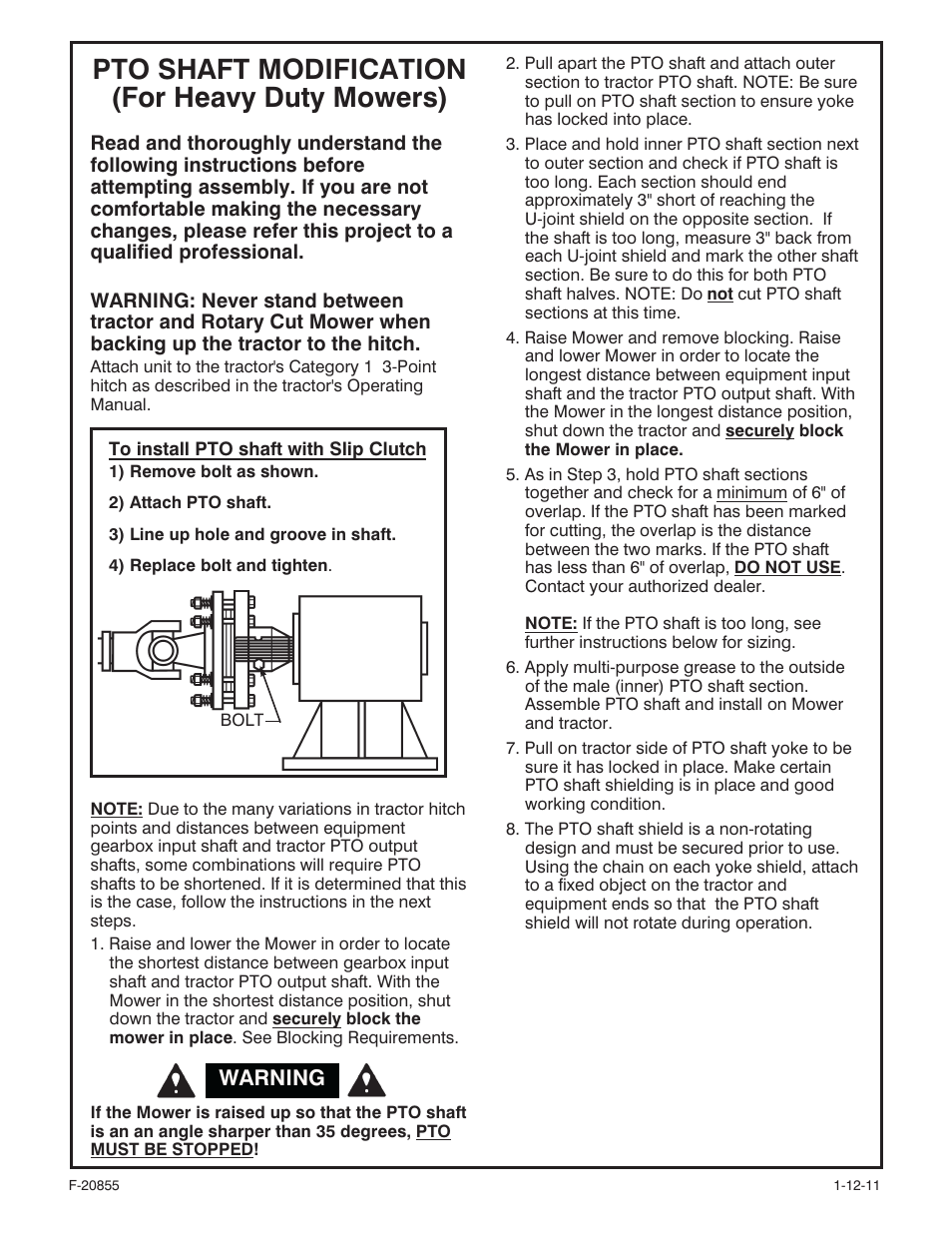 Pto shaft modification (for heavy duty mowers) | Behlen 80110060YEL User Manual | Page 7 / 15