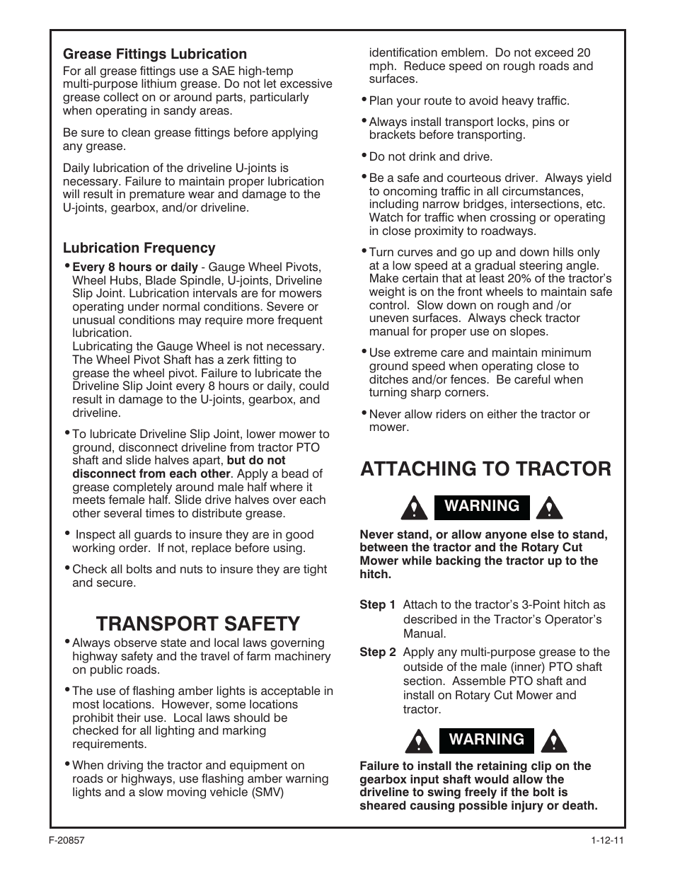 Transport safety, Attaching to tractor | Behlen 80110060YEL User Manual | Page 9 / 15