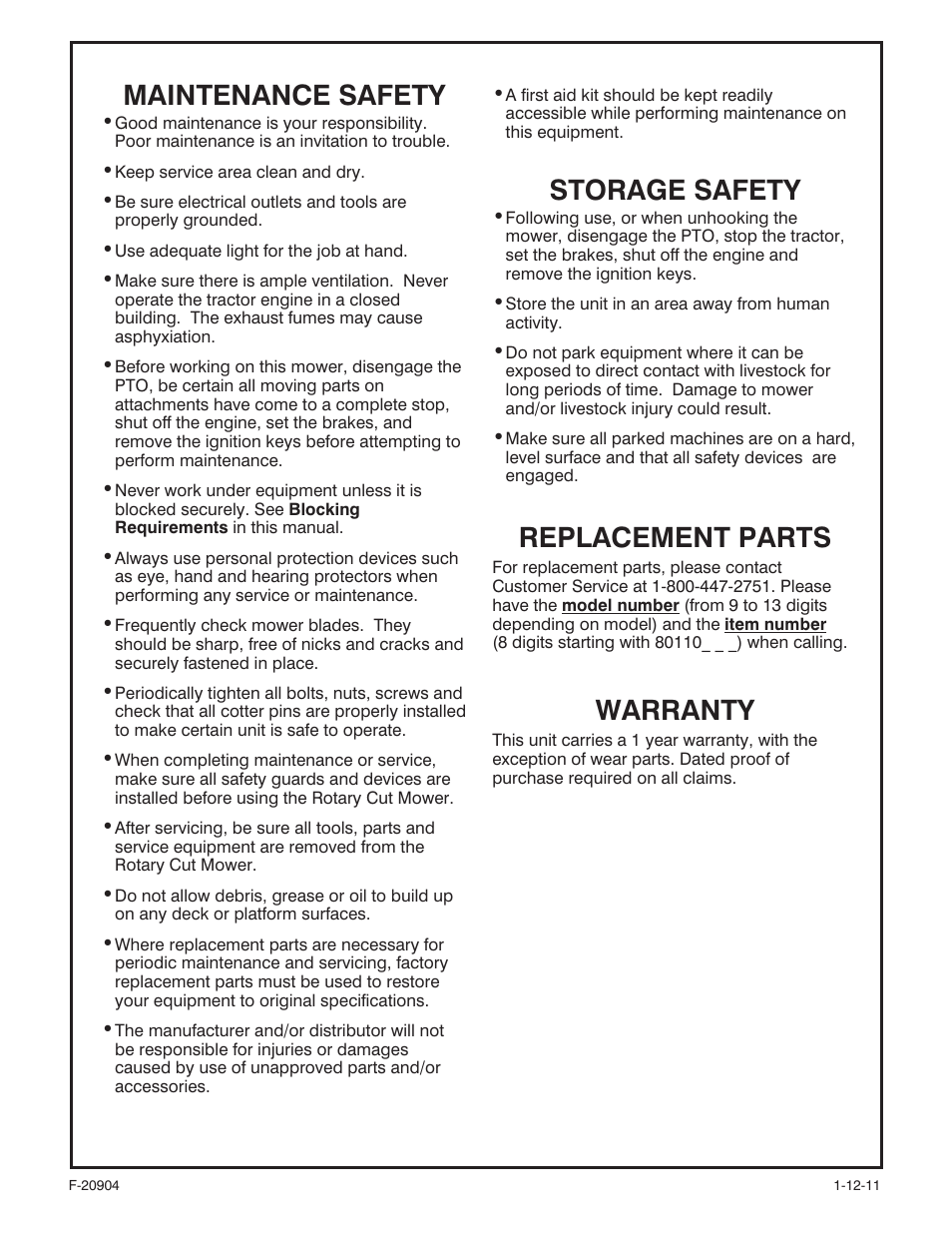 Maintenance safety, Storage safety, Replacement parts | Warranty | Behlen 80110090YEL User Manual | Page 11 / 15
