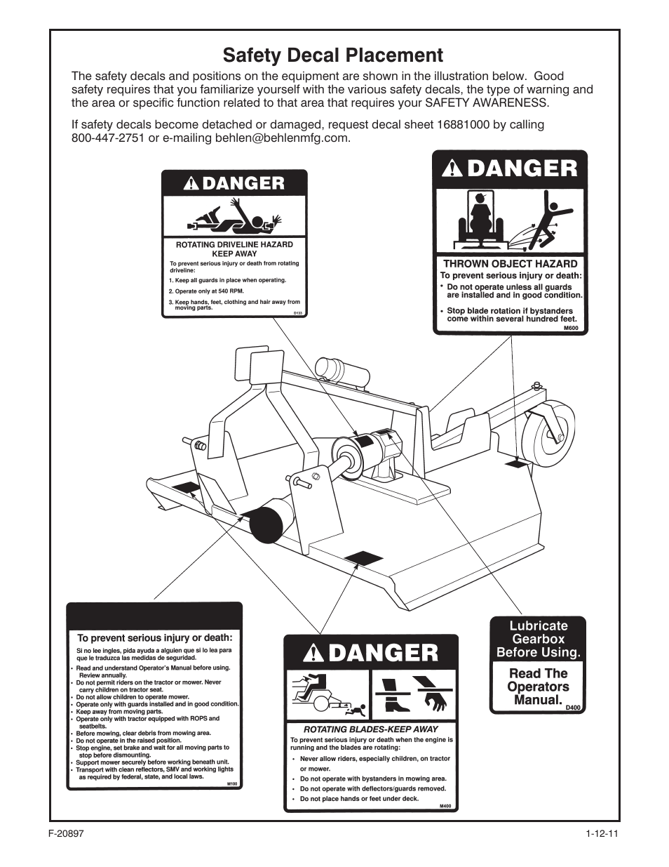 Safety decal placement | Behlen 80110090YEL User Manual | Page 4 / 15