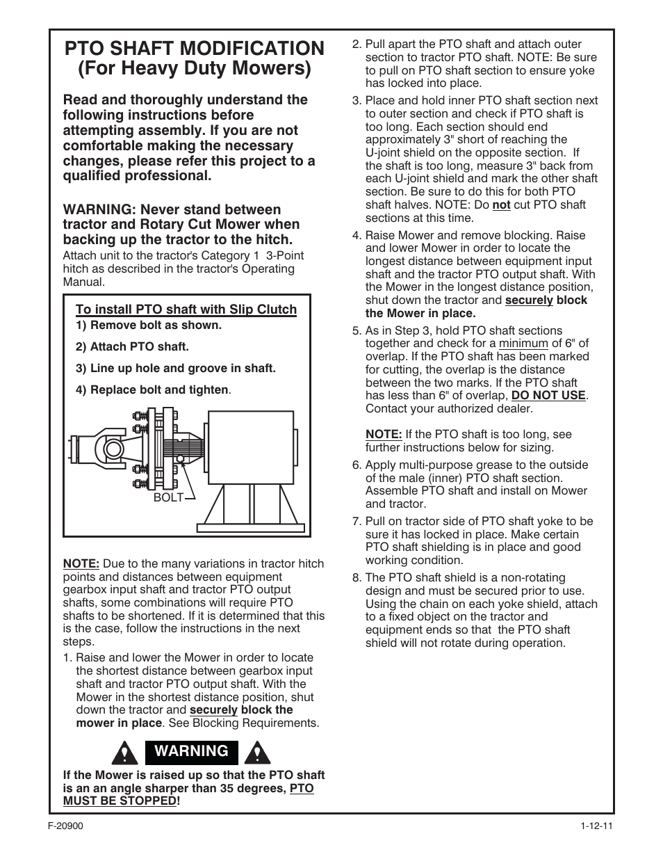 Pto shaft modification (for heavy duty mowers) | Behlen 80110090YEL User Manual | Page 7 / 15