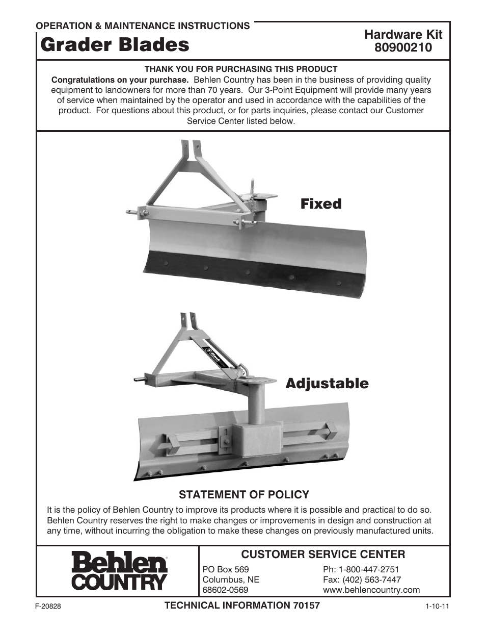 Behlen 80110710ORG User Manual | 11 pages