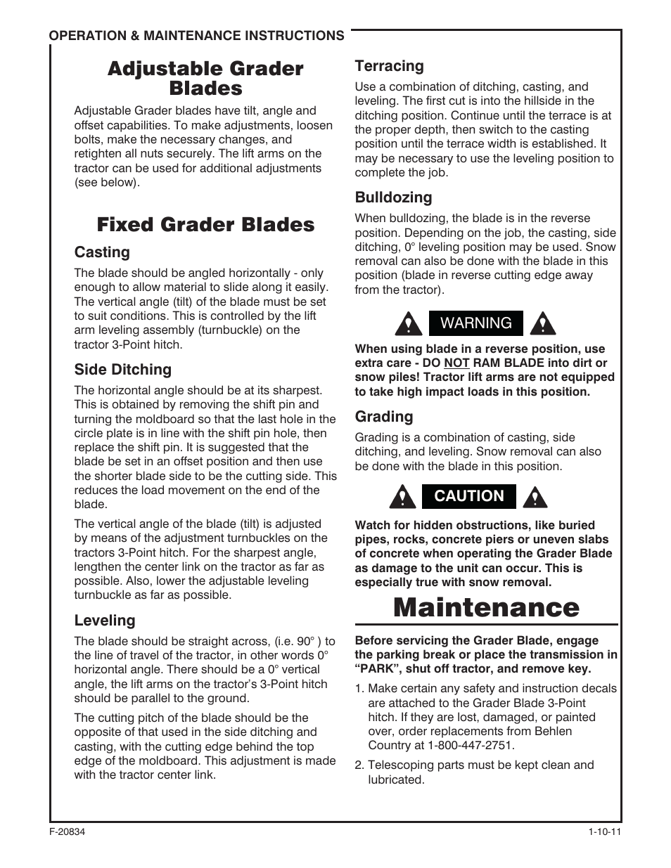 Maintenance, Adjustable grader blades, Fixed grader blades | Behlen 80110710ORG User Manual | Page 7 / 11