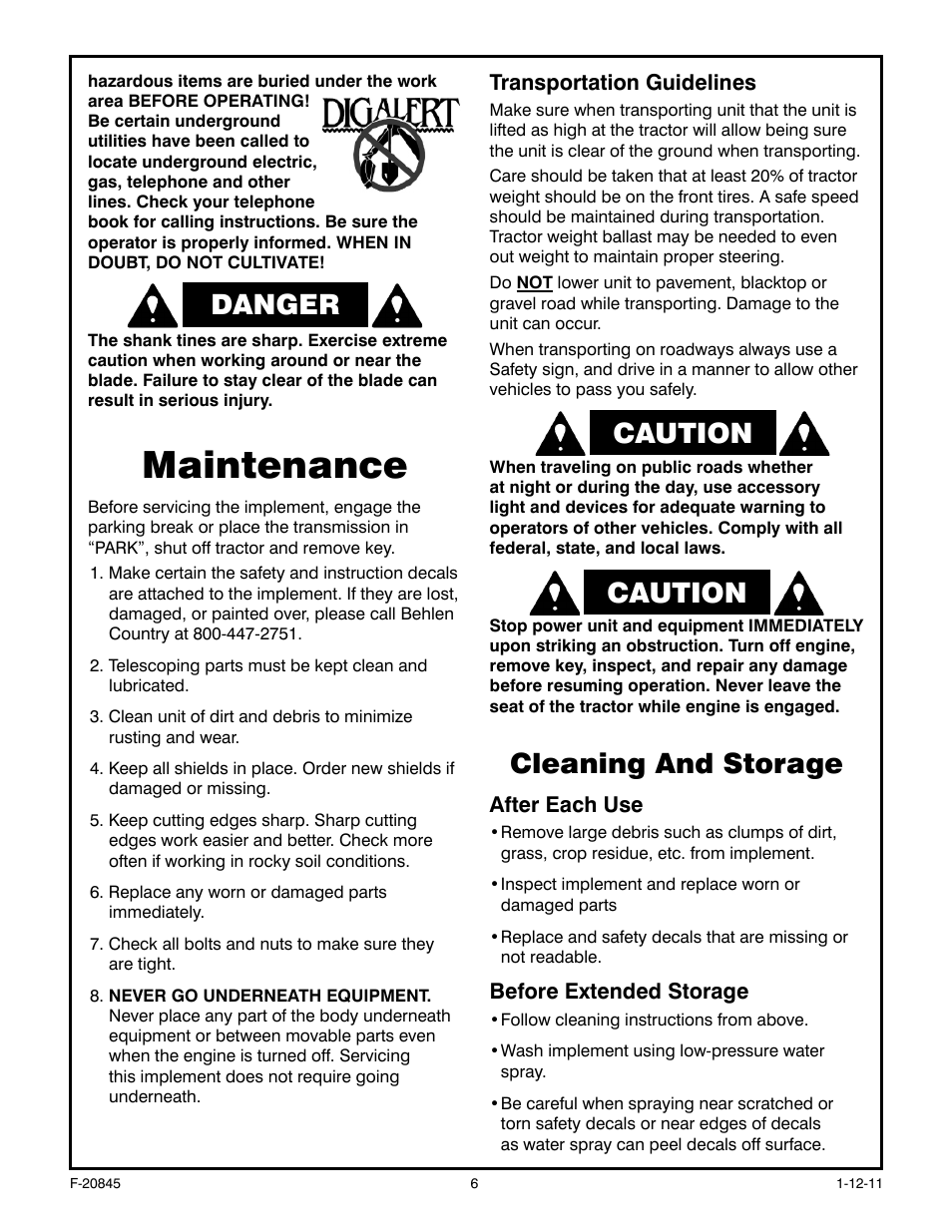 Maintenance, Danger caution caution, Cleaning and storage | Behlen 80111500YEL User Manual | Page 7 / 9