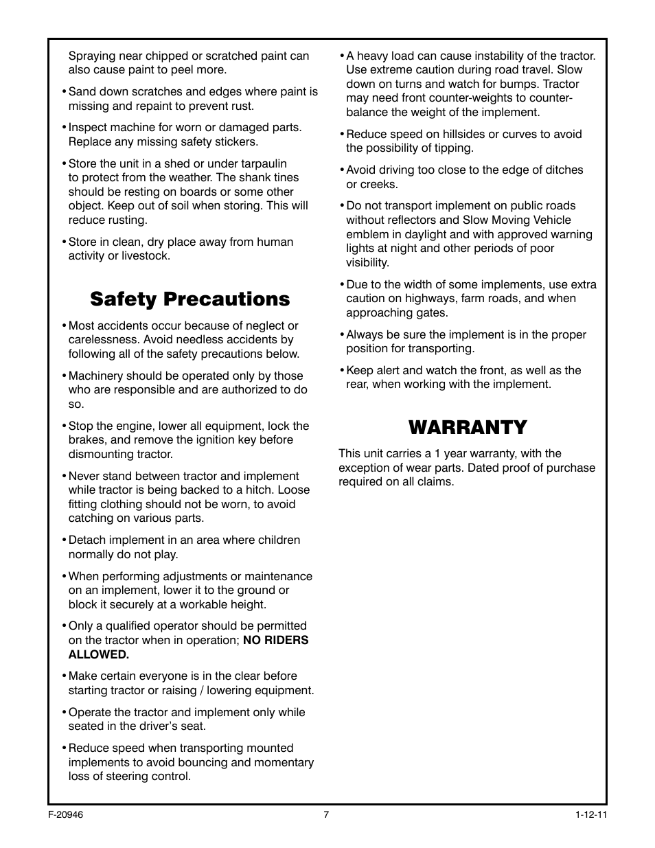 Safety precautions, Warranty | Behlen 80111500YEL User Manual | Page 8 / 9