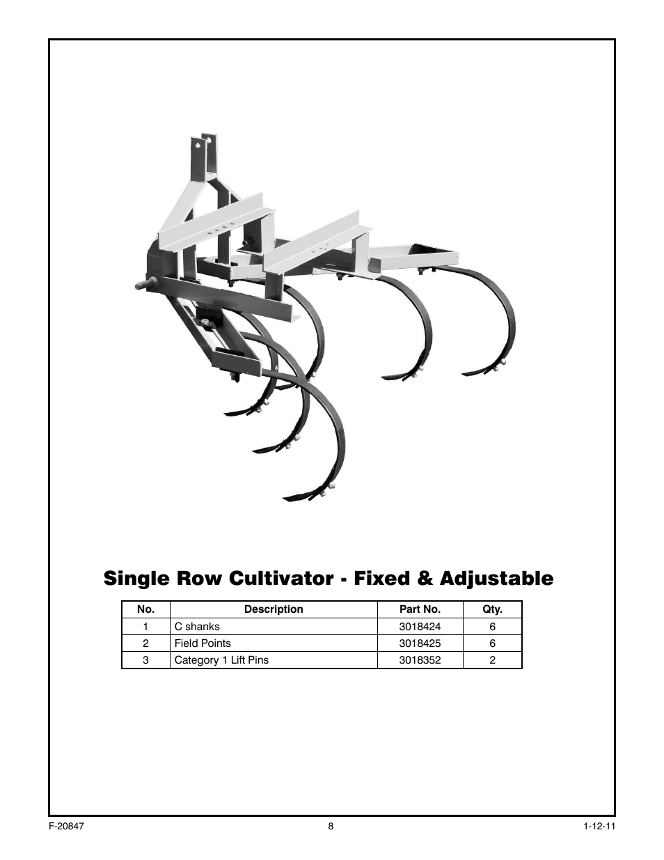 Single row cultivator - fixed & adjustable | Behlen 80111500YEL User Manual | Page 9 / 9