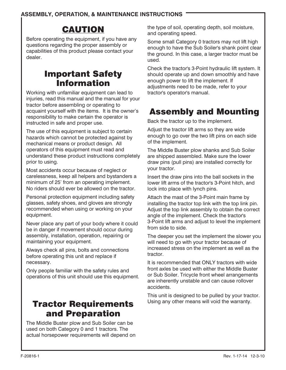 Caution, Important safety information, Tractor requirements and preparation | Assembly and mounting | Behlen 80111700ORG User Manual | Page 2 / 5