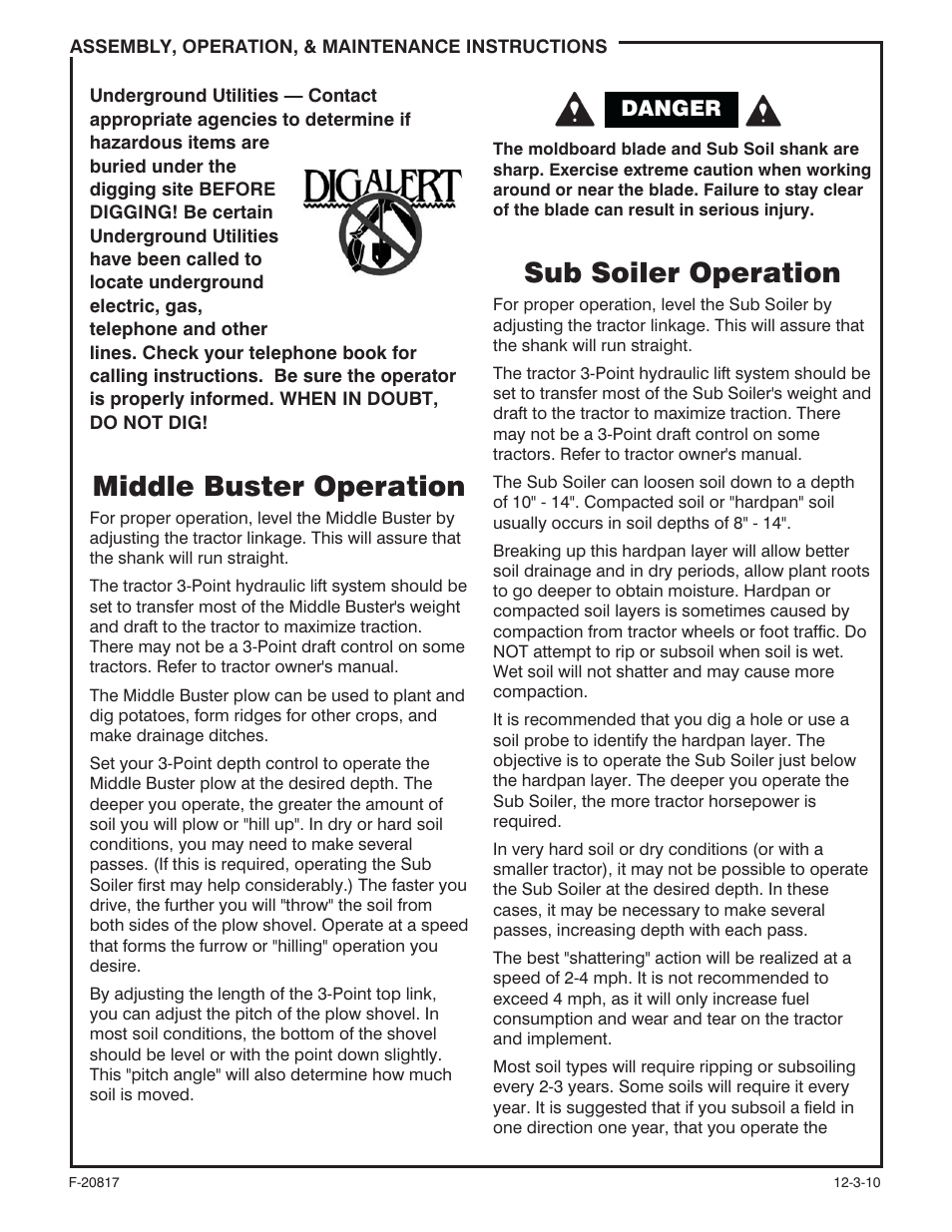 Middle buster operation, Sub soiler operation | Behlen 80111700ORG User Manual | Page 3 / 5