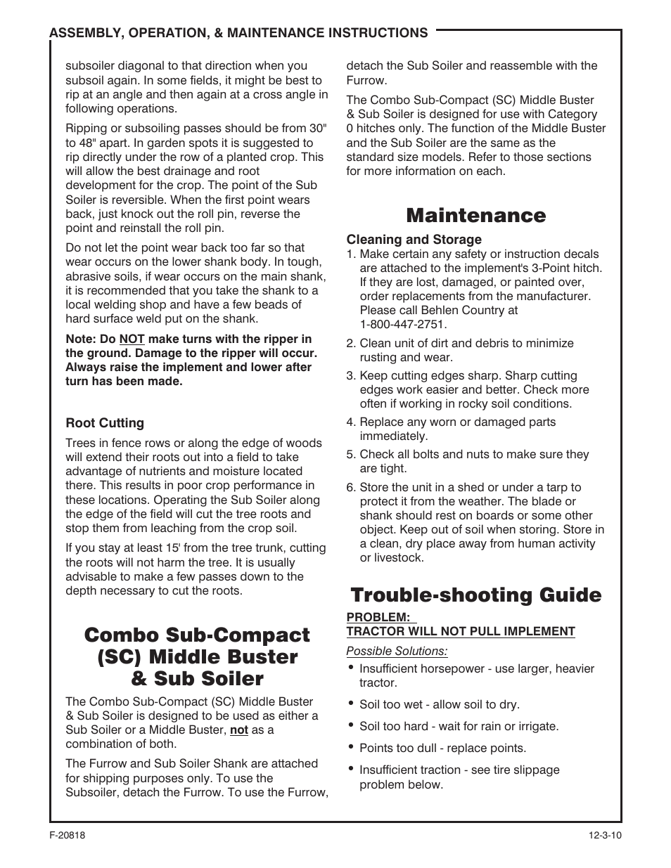 Combo sub-compact (sc) middle buster & sub soiler, Maintenance, Trouble-shooting guide | Behlen 80111700ORG User Manual | Page 4 / 5