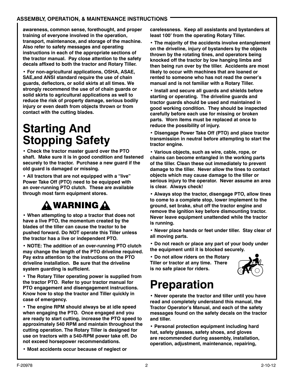 Starting and stopping safety, Preparation, Warning | Behlen 80115060YEL User Manual | Page 3 / 12