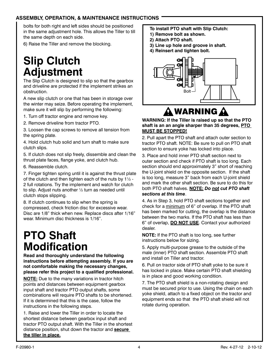 Slip clutch adjustment, Pto shaft modification, Warning | Behlen 80115060YEL User Manual | Page 5 / 12