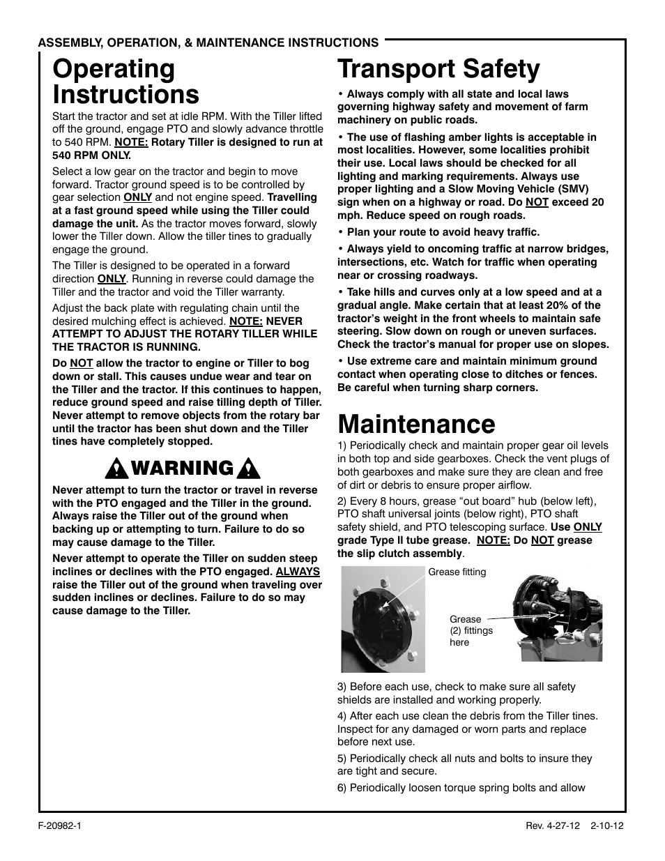 Operating instructions, Transport safety, Maintenance | Warning | Behlen 80115060YEL User Manual | Page 7 / 12