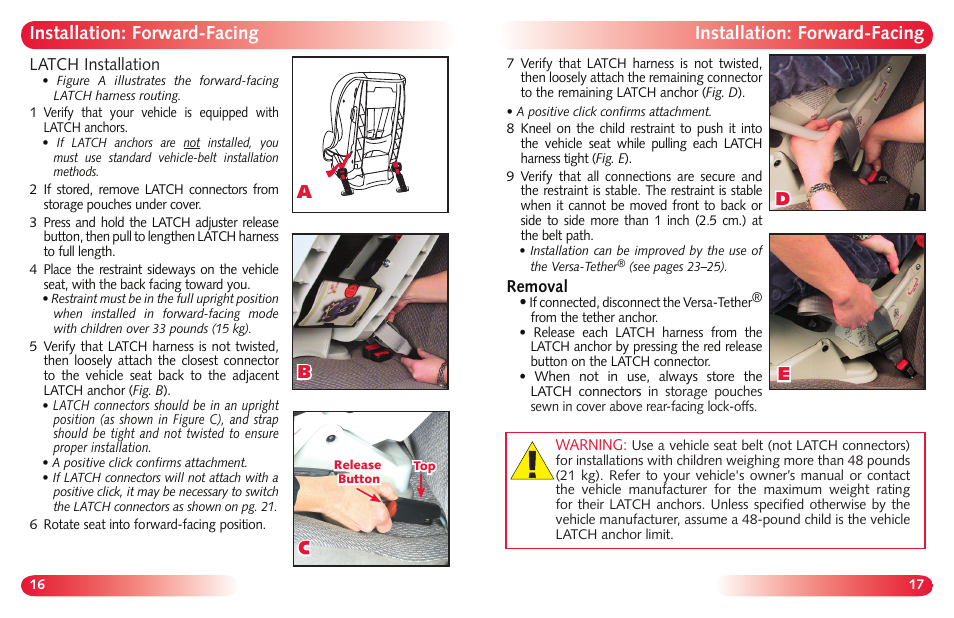 Installation: forward-facing, Ab c d e | Britax Marathon User Manual | Page 10 / 21