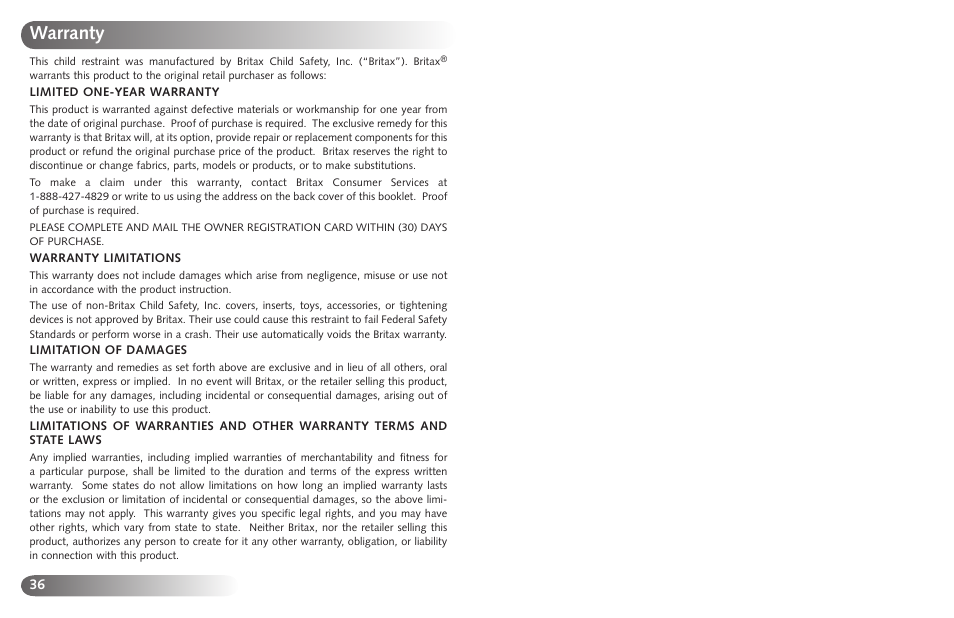 Warranty | Britax Marathon User Manual | Page 20 / 21