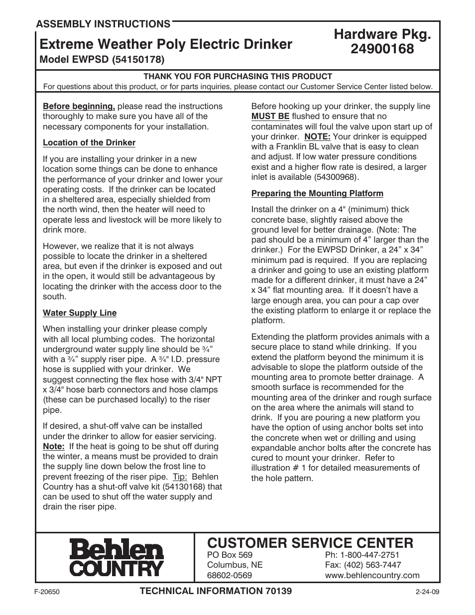 Behlen 54150178 User Manual | 7 pages