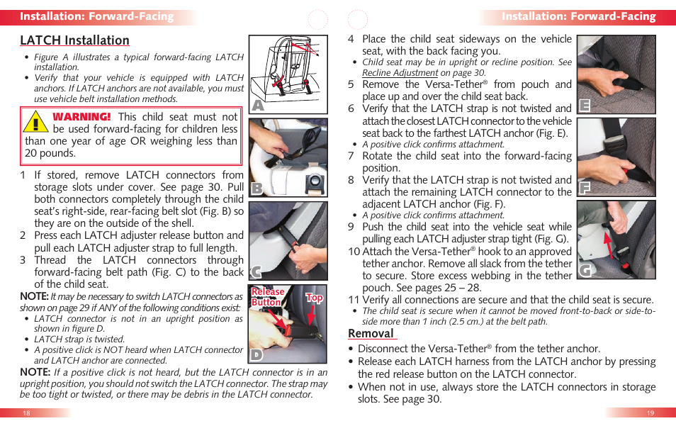 Ab e c g, Latch installation | Britax Roundabout User Manual | Page 11 / 22