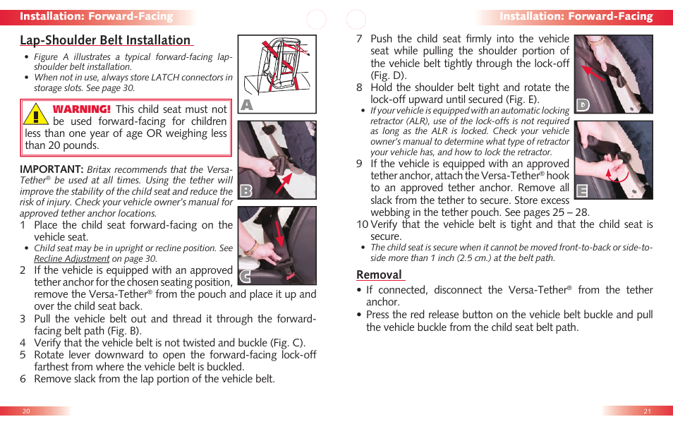 Ad b e c, Lap-shoulder belt installation | Britax Roundabout User Manual | Page 12 / 22