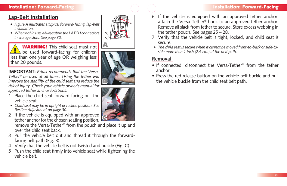 Ab c, Lap-belt installation | Britax Roundabout User Manual | Page 13 / 22