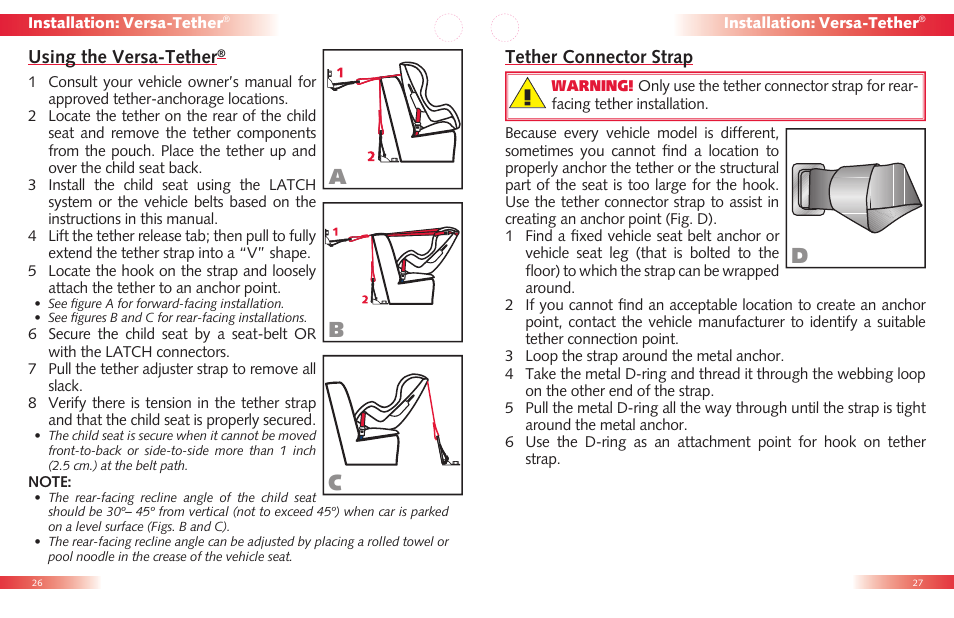 Da b c, Using the versa-tether, Tether connector strap | Britax Roundabout User Manual | Page 15 / 22