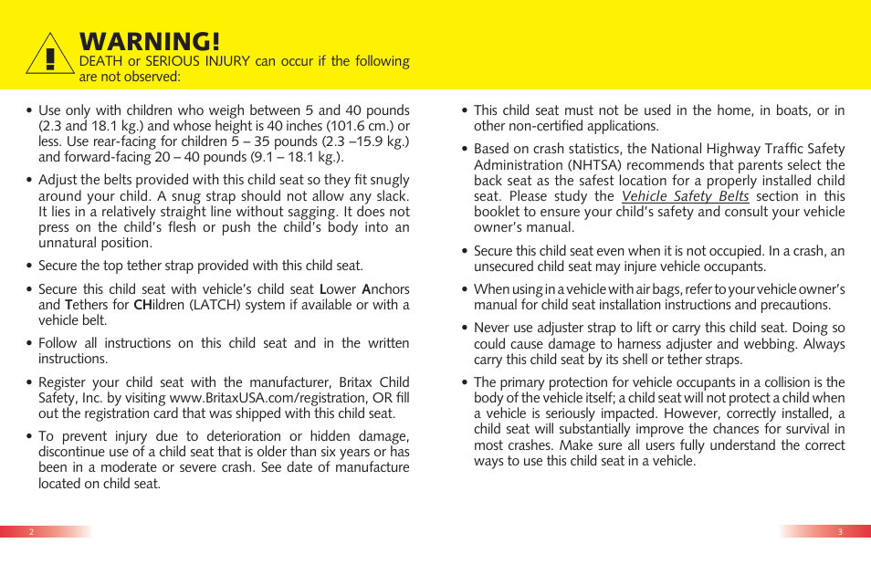 Warning | Britax Roundabout User Manual | Page 3 / 22