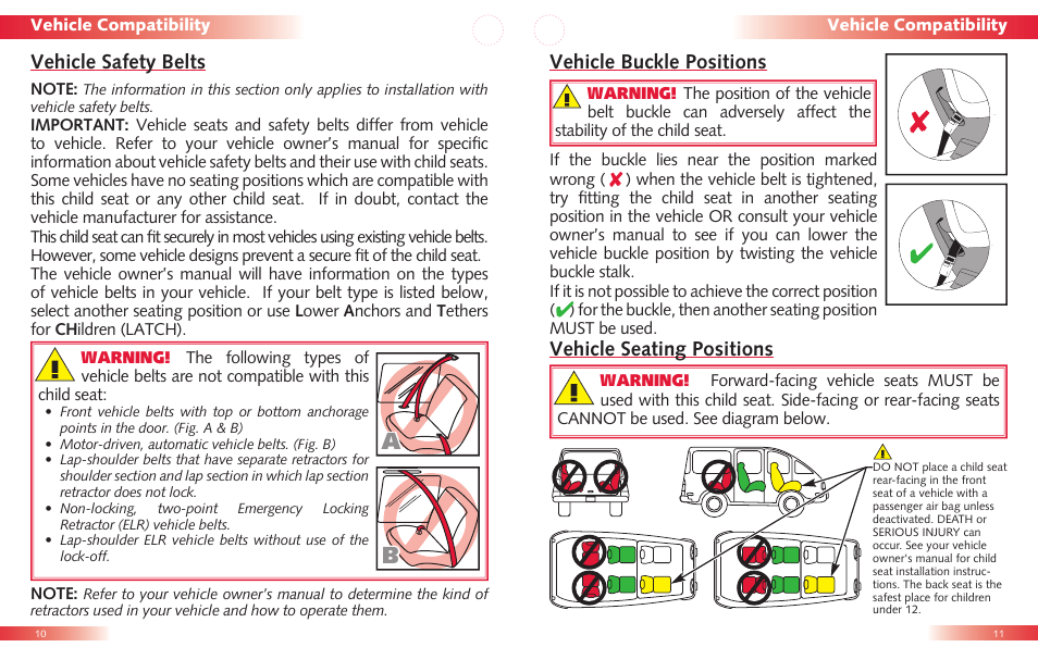 Vehicle seating positions, Vehicle safety belts, Vehicle buckle positions | Britax Roundabout User Manual | Page 7 / 22