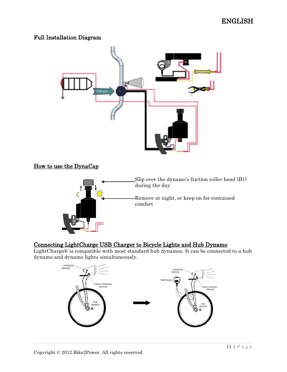 Full installation diagram, How to use the dynacap, English | Bike2Power LightCharge User Manual | Page 11 / 16