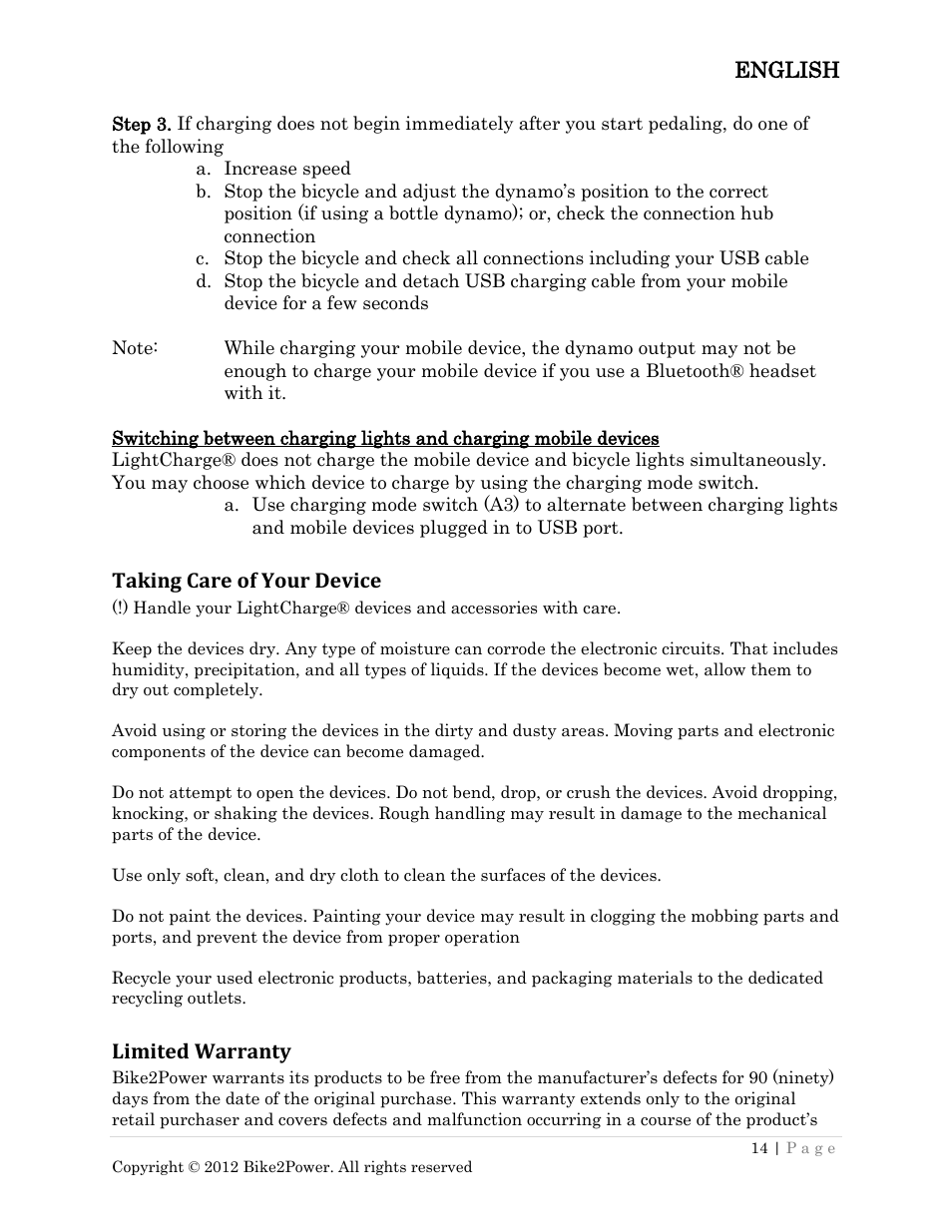 Taking care of your device limited warranty | Bike2Power LightCharge User Manual | Page 14 / 16