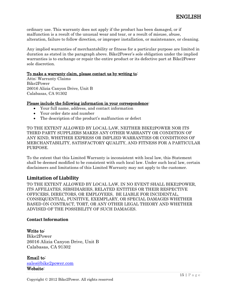 Limitation of liability contact information, English, Limitation of liability | Bike2Power LightCharge User Manual | Page 15 / 16