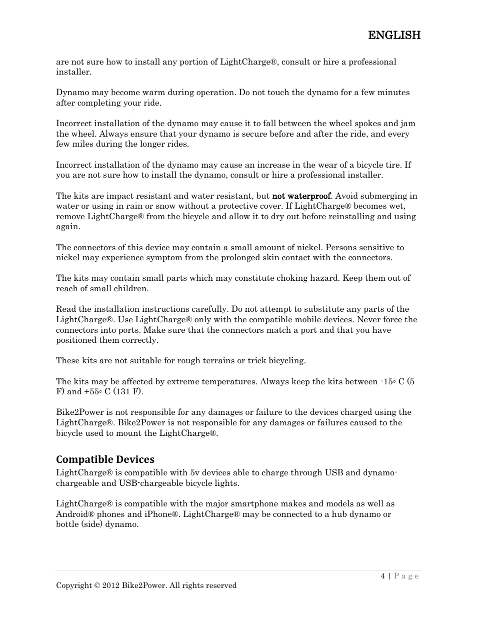 English, Compatible devices | Bike2Power LightCharge User Manual | Page 4 / 16