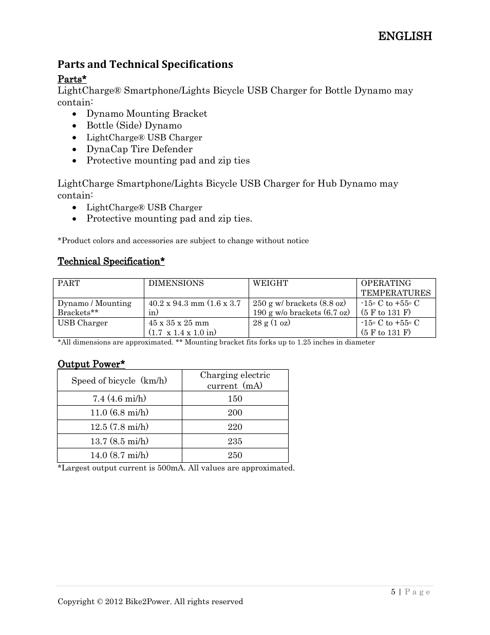 Parts technical specification output power, English, Parts and technical specifications | Bike2Power LightCharge User Manual | Page 5 / 16