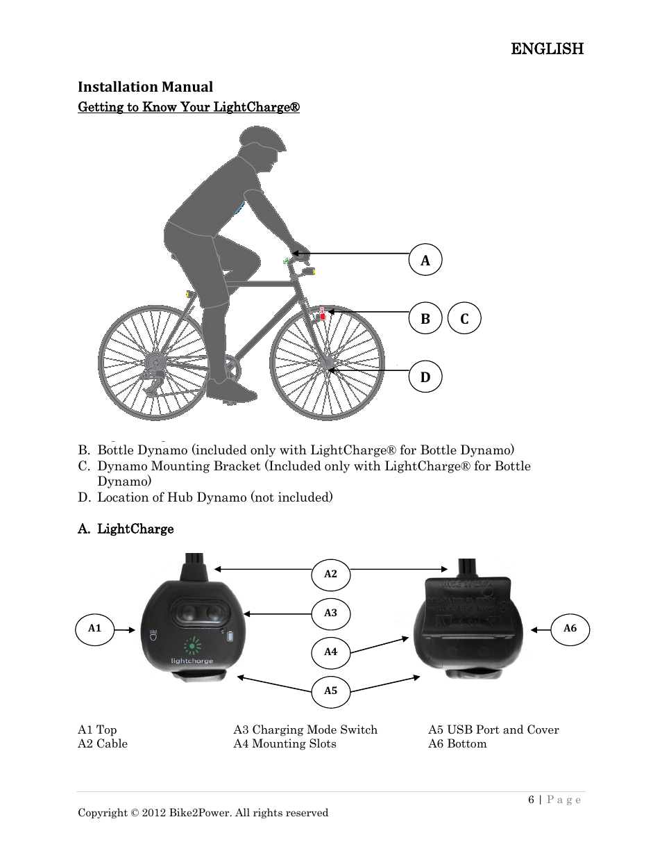 Installation manual, Getting to know your lightcharge, Lightcharge | Bike2Power LightCharge User Manual | Page 6 / 16