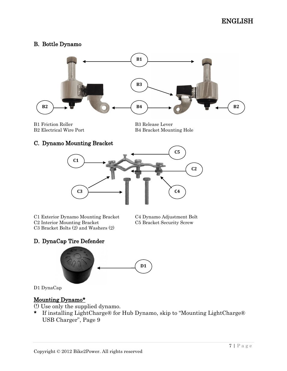 Mounting dynamo, English | Bike2Power LightCharge User Manual | Page 7 / 16
