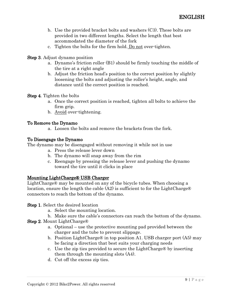 To remove the dynamo to disengage the dynamo, Mounting lightcharge® usb charger | Bike2Power LightCharge User Manual | Page 9 / 16