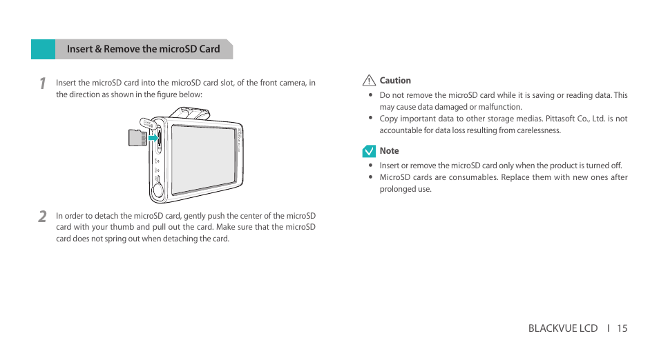 Insert & remove the microsd card | BlackVue DR750LW-2CH V.3.00 User Manual | Page 15 / 54