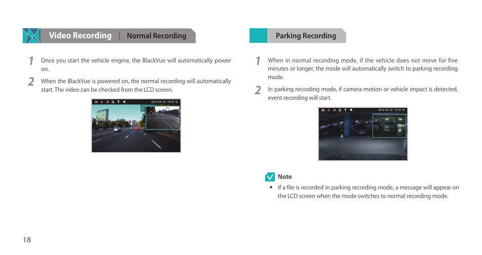 Video recording, Normal recording, Parking recording | BlackVue DR750LW-2CH V.3.00 User Manual | Page 18 / 54