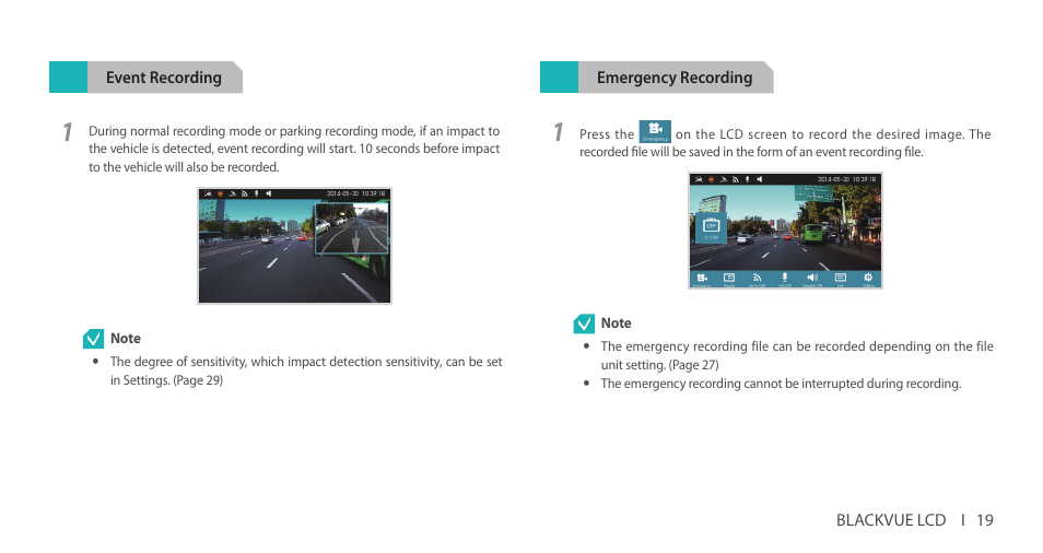 Event recording, Emergency recording | BlackVue DR750LW-2CH V.3.00 User Manual | Page 19 / 54