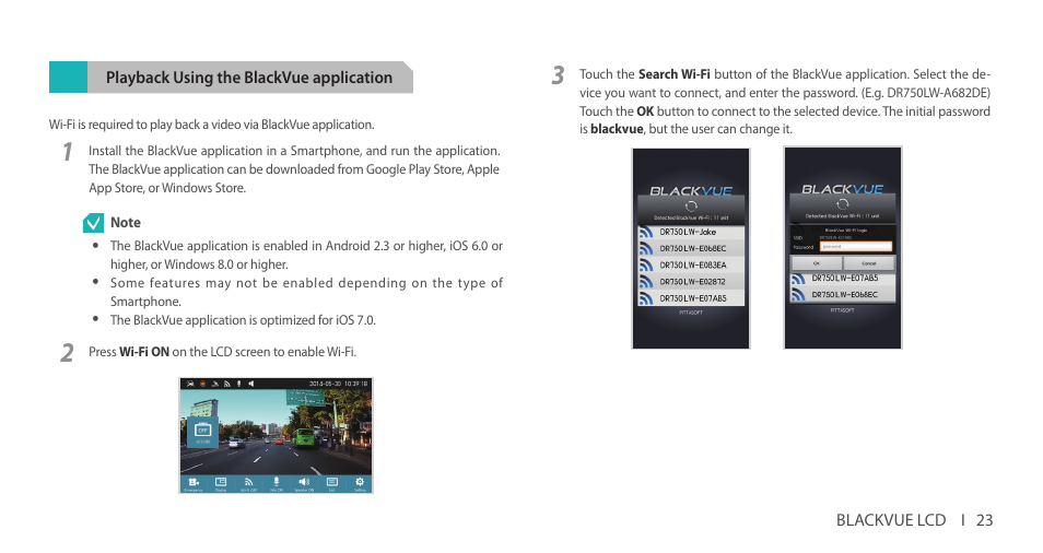 Playback using the blackvue application | BlackVue DR750LW-2CH V.3.00 User Manual | Page 23 / 54