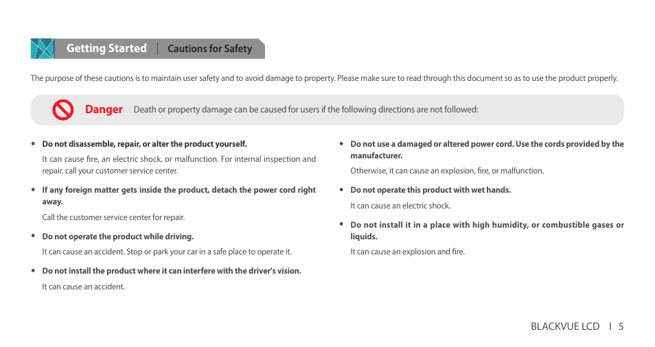 Getting started, Cautions for safety, Danger | BlackVue DR750LW-2CH V.3.00 User Manual | Page 5 / 54