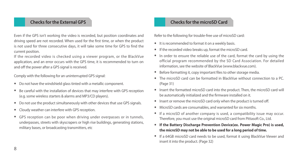 Checks for the external gps, Checks for the microsd card | BlackVue DR750LW-2CH V.3.00 User Manual | Page 8 / 54