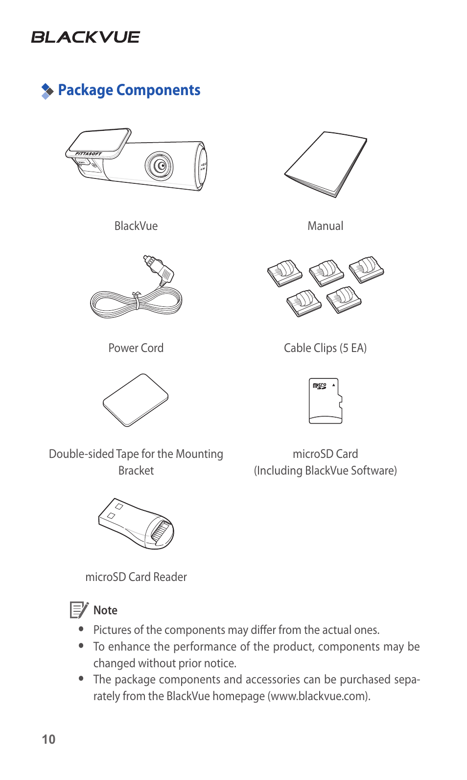 Package components, 10 package components | BlackVue DR3500-FHD V.1.00 User Manual | Page 10 / 42