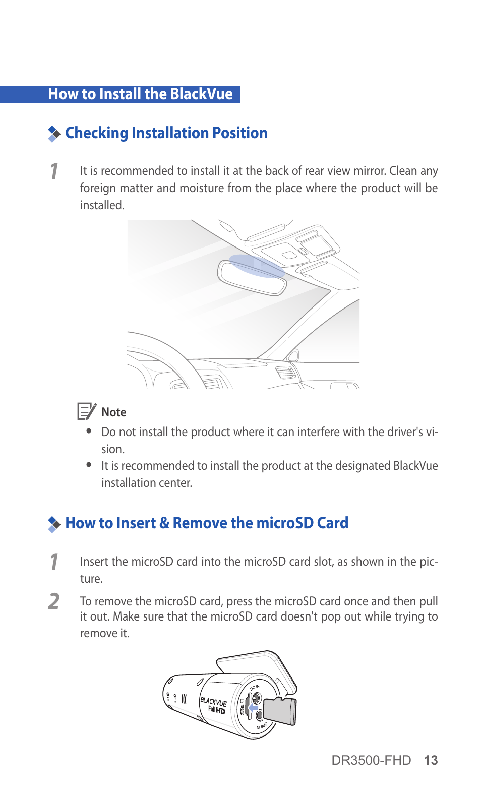 How to install the blackvue, Checking installation position, How to insert & remove the microsd card | 13 checking installation position, 13 how to insert & remove the, Microsd card | BlackVue DR3500-FHD V.1.00 User Manual | Page 13 / 42