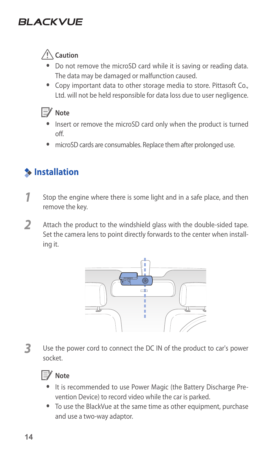 Installation, 14 installation | BlackVue DR3500-FHD V.1.00 User Manual | Page 14 / 42