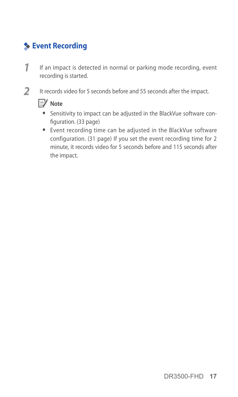 Event recording, 17 event recording | BlackVue DR3500-FHD V.1.00 User Manual | Page 17 / 42