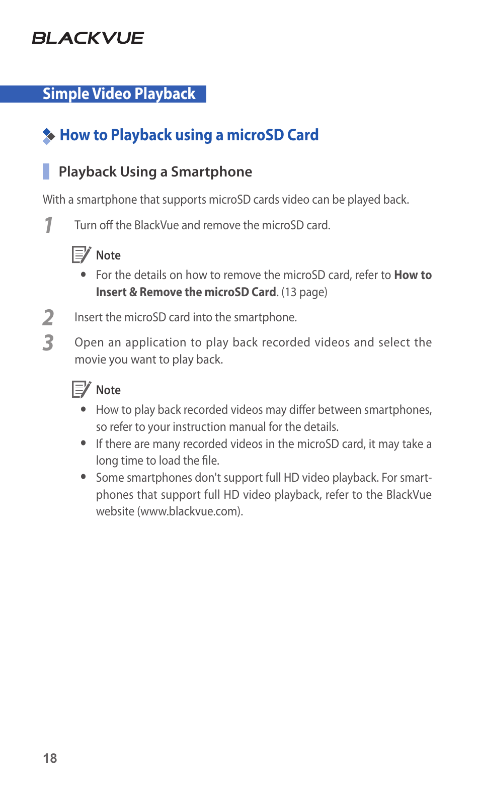 Simple video playback, How to playback using a microsd card, 18 how to playback using a microsd | Card | BlackVue DR3500-FHD V.1.00 User Manual | Page 18 / 42