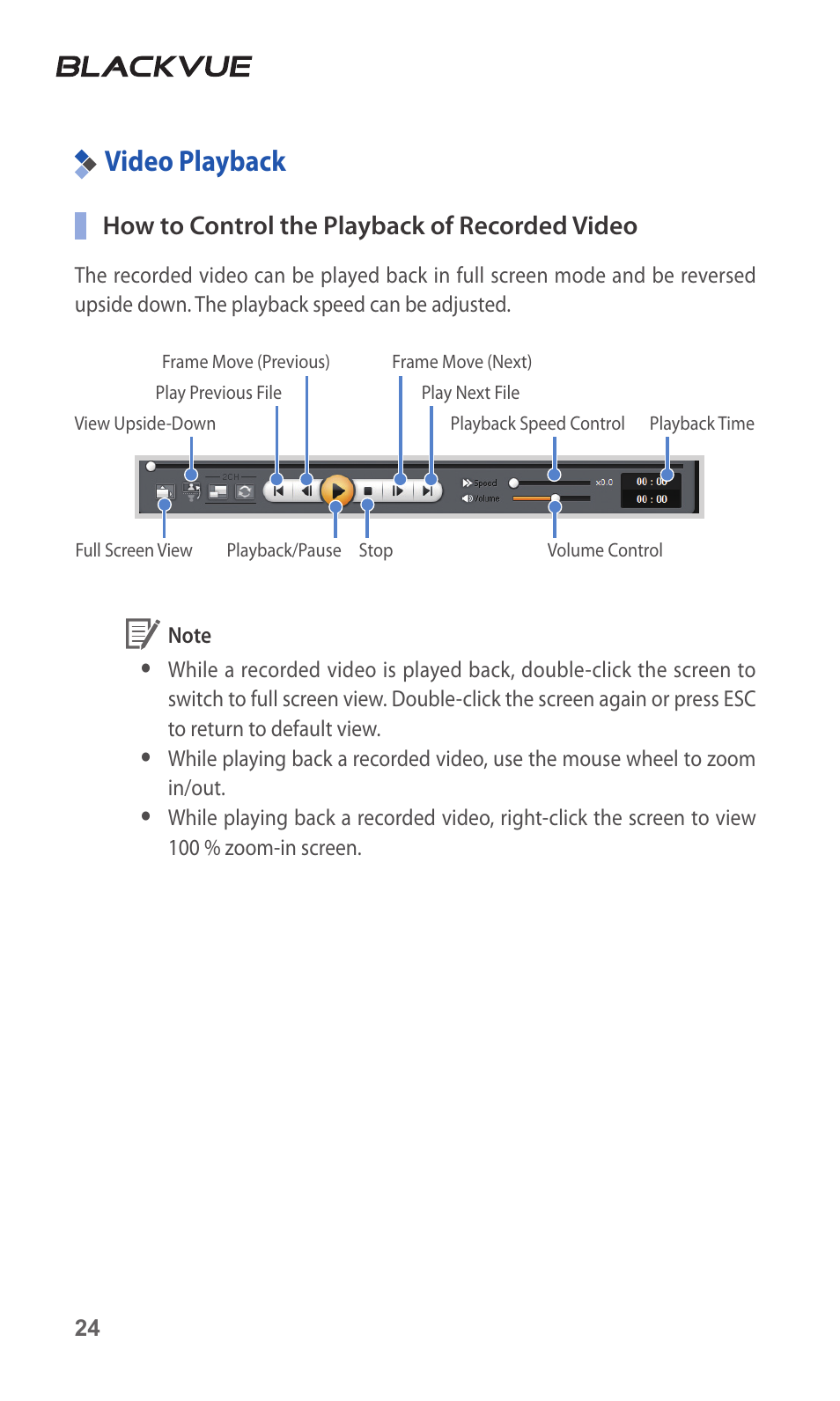 Video playback, 24 video playback, How to control the playback of recorded video | BlackVue DR3500-FHD V.1.00 User Manual | Page 24 / 42