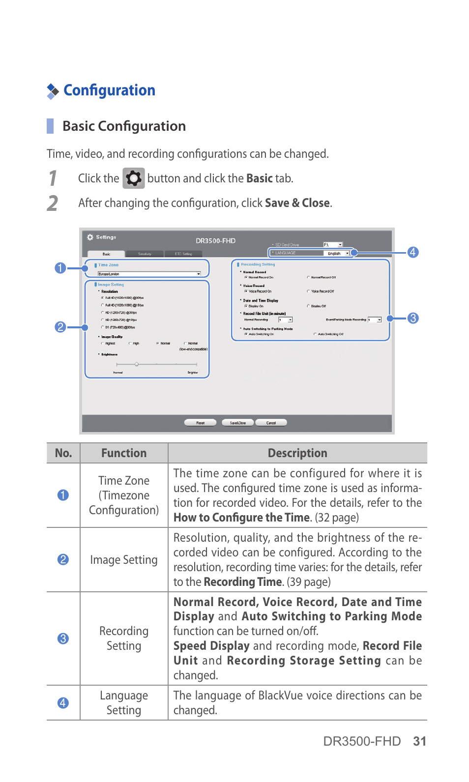 Configuration, 31 configuration | BlackVue DR3500-FHD V.1.00 User Manual | Page 31 / 42