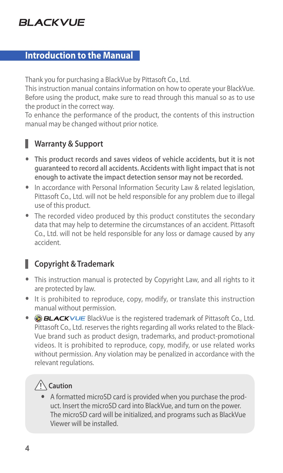 Introduction to the manual | BlackVue DR3500-FHD V.1.00 User Manual | Page 4 / 42