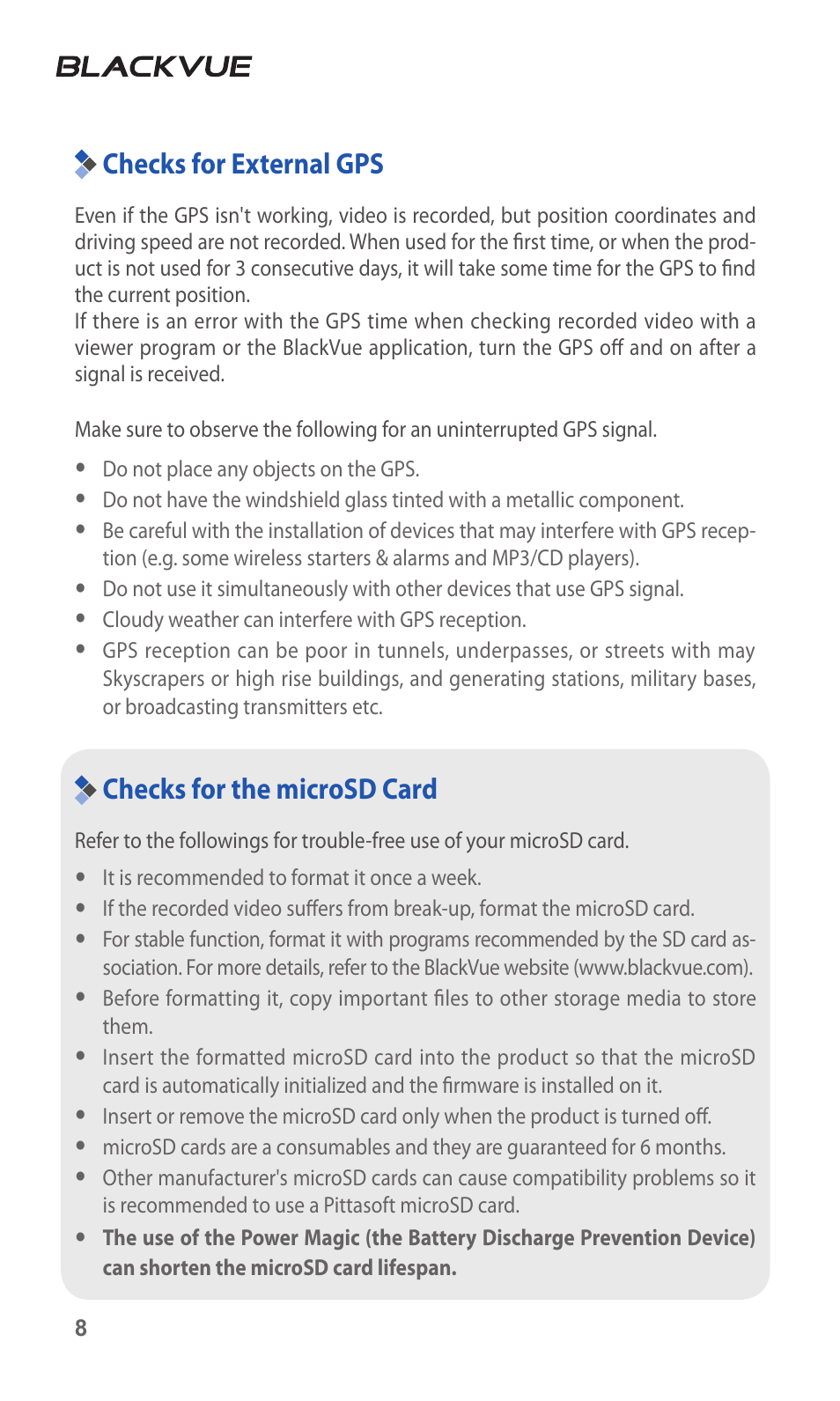 Checks for external gps, Checks for the microsd card | BlackVue DR3500-FHD V.1.00 User Manual | Page 8 / 42